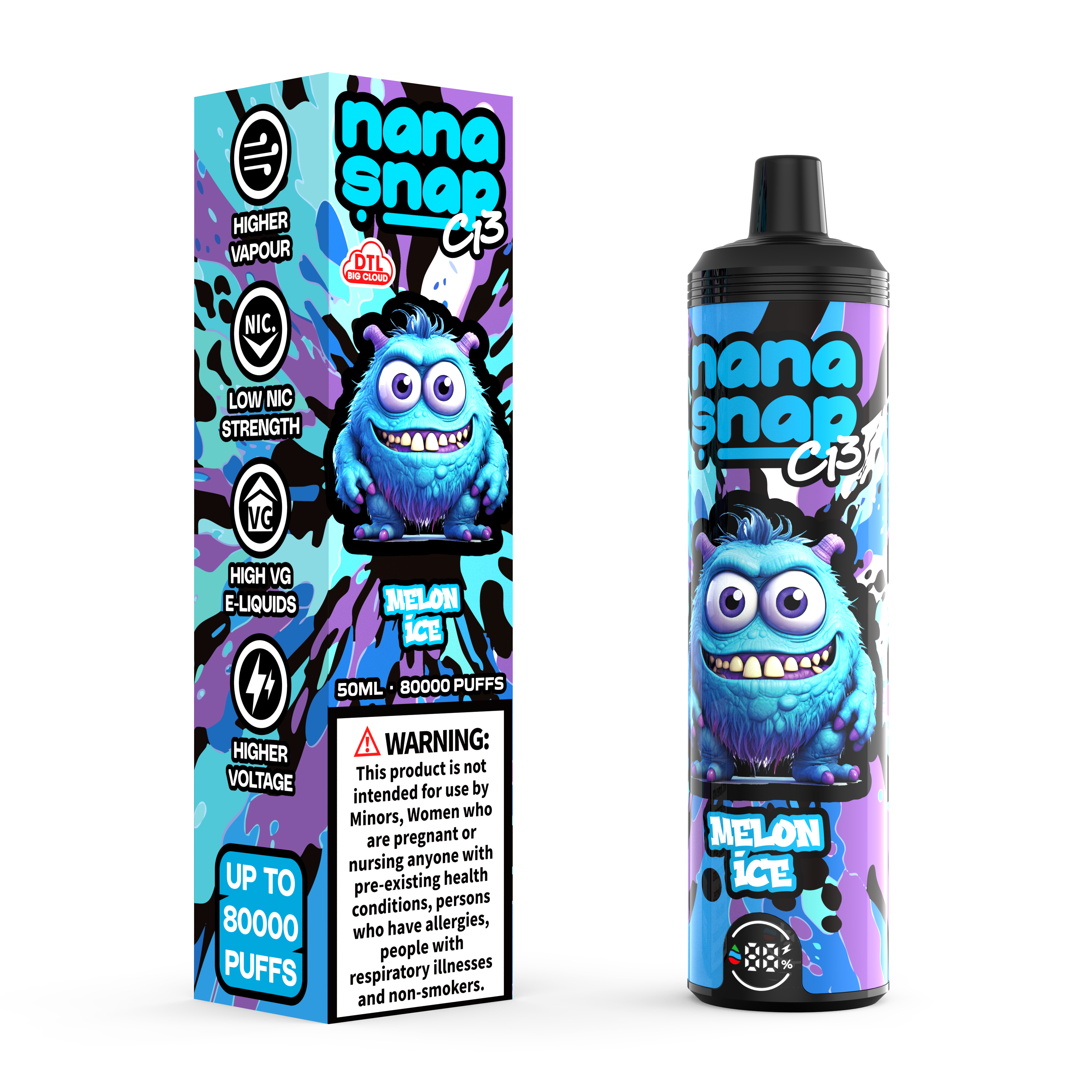 High Quality Nanasnap C13 80000 Puff 60000 50000 E Cigarette Pod Pocket Hookah Dtl Vaper 50ml E-Liquid Dual Mesh Coil EU Warehouse Disposable Vape 80K 60K 50K-Melon Ice