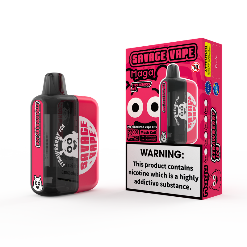 2025 New Design EU Warehouse Savage Maga 50000 Puff Prefilled Replaceable Cartridge Kits Disposable Vape 50k-Strawberry Ice