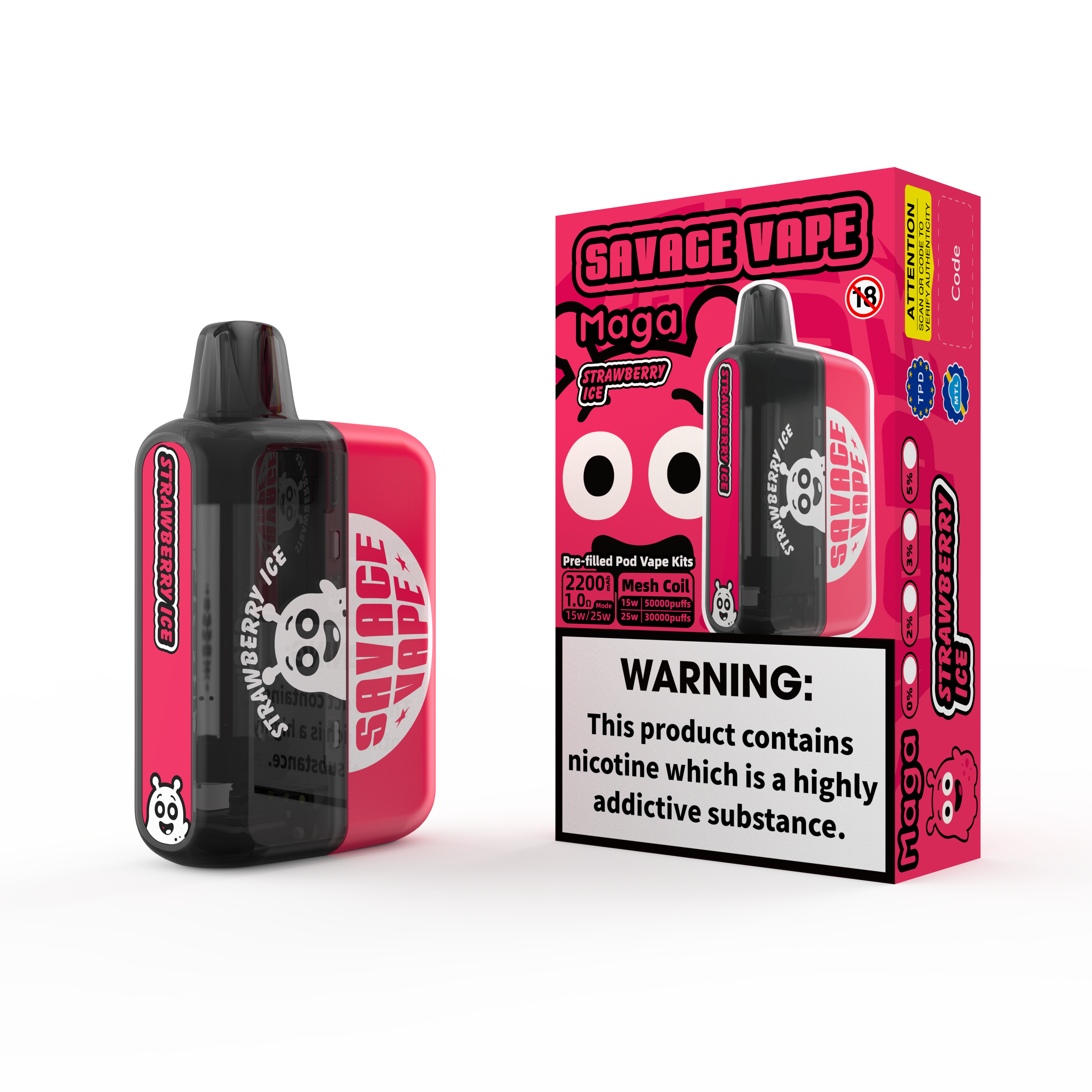 2025 New Design EU Warehouse Savage Maga 50000 Puff Prefilled Replaceable Cartridge Kits Disposable Vape 50k-Strawberry Ice