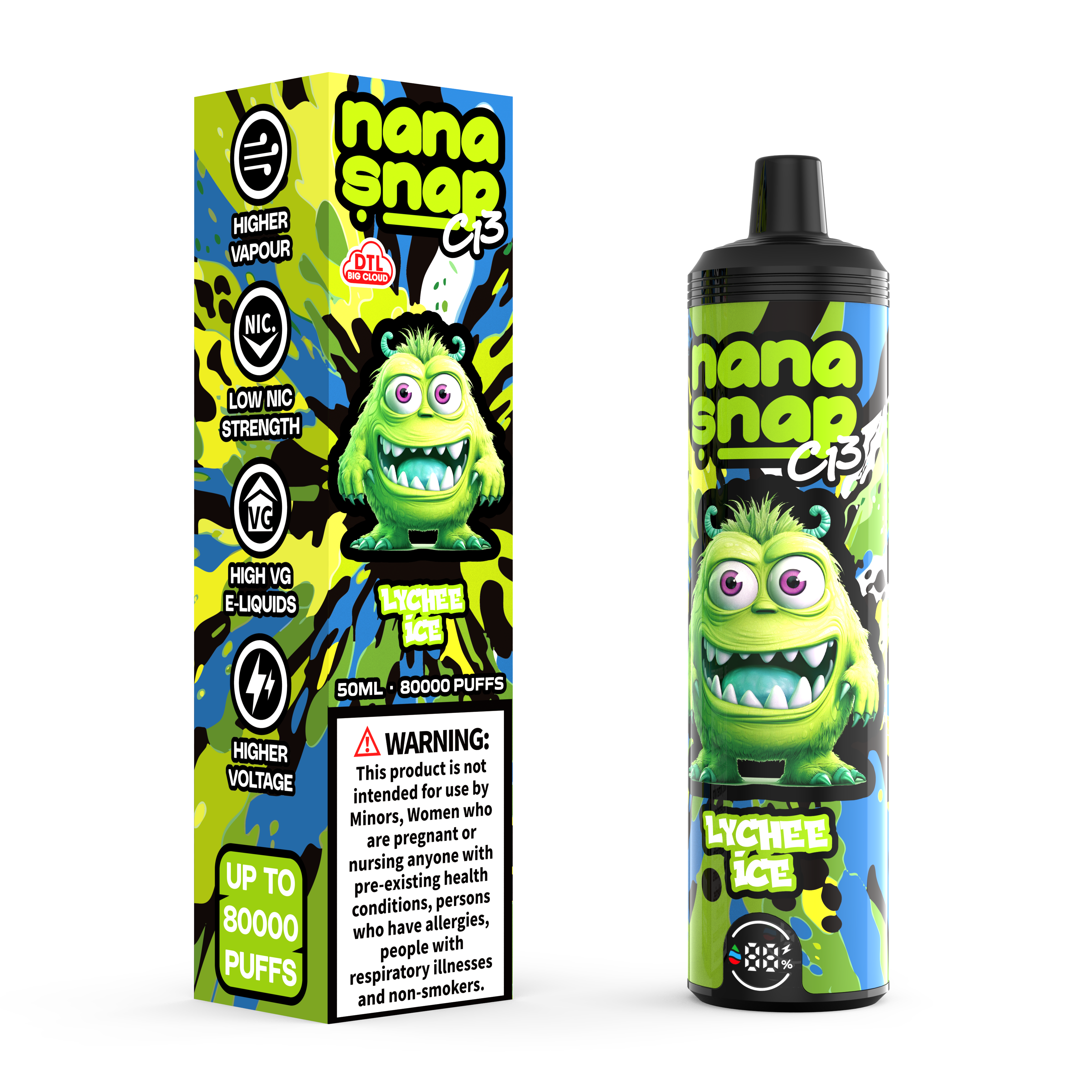 High Quality Nanasnap C13 80000 Puff 60000 50000 E Cigarette Pod Pocket Hookah Dtl Vaper 50ml E-Liquid Dual Mesh Coil EU Warehouse Disposable Vape 80K 60K 50K-Lychee Ice