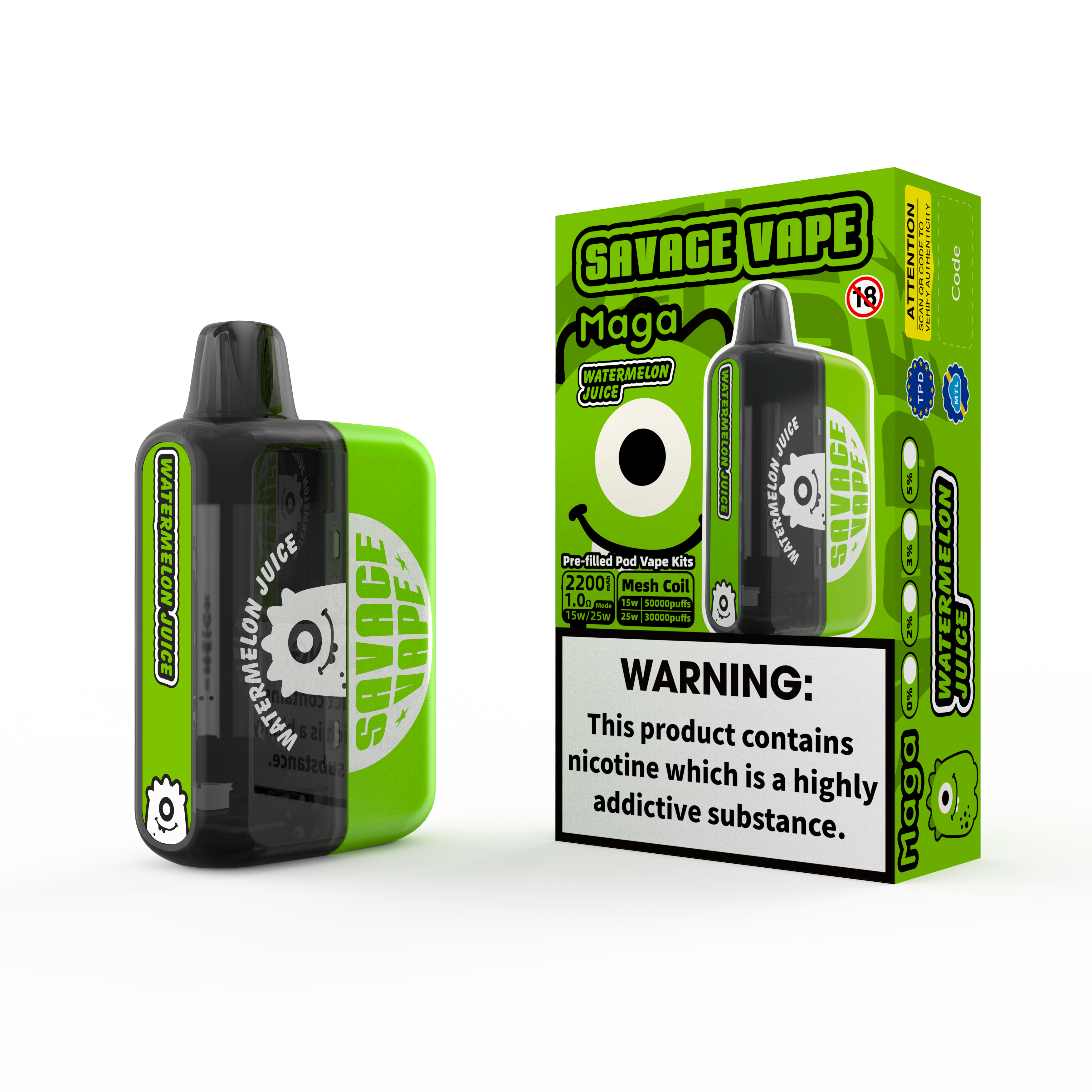 2025 New Design EU Warehouse Savage Maga 50000 Puff Prefilled Replaceable Cartridge Kits Disposable Vape 50k-Watermelon Juice