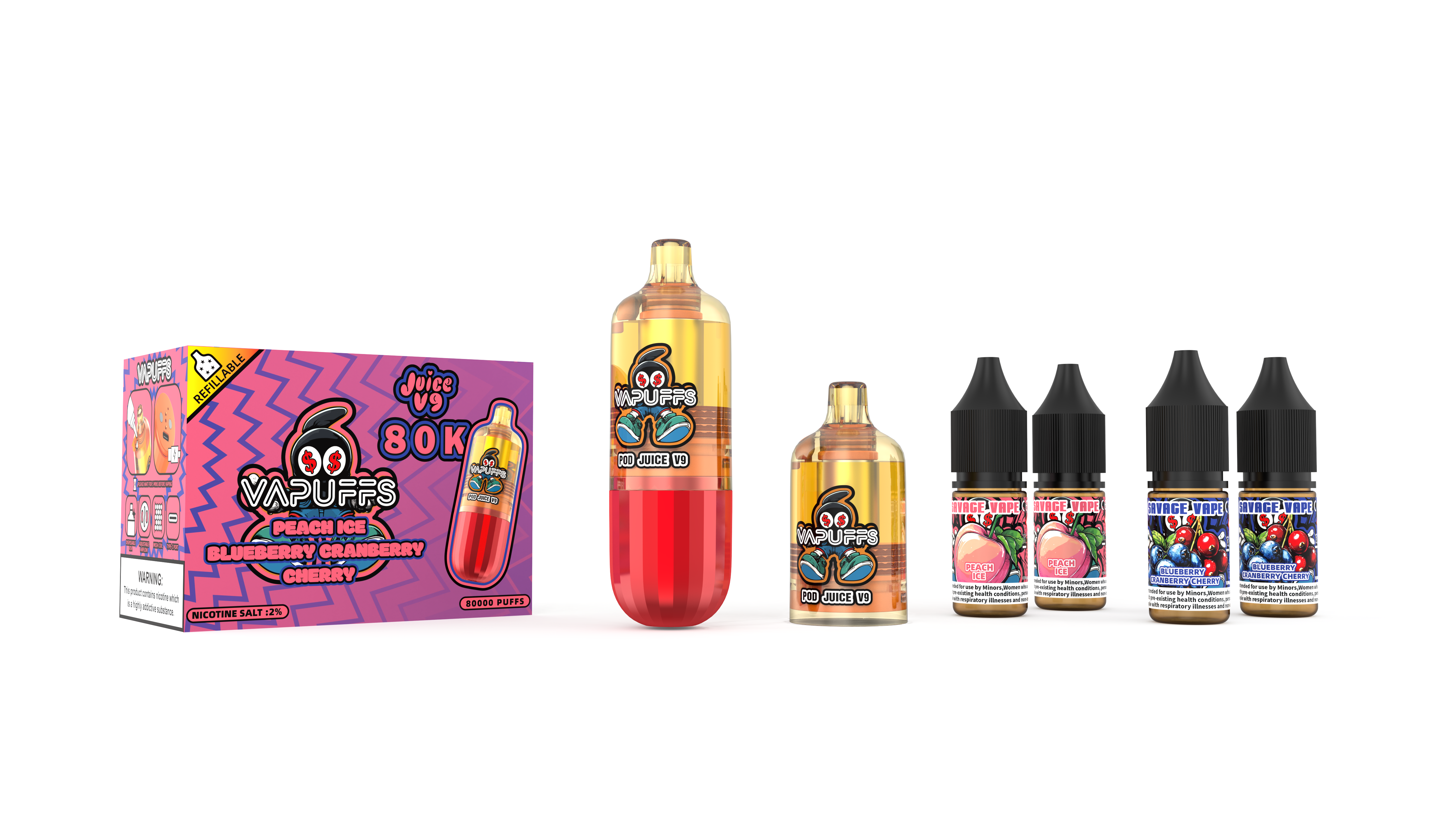 2025 New Design EU Warehouse Vapuffs Juicy V9 80k Puffs Disposable Refillables Kits Pods +4 E-liuqid High Quality Vape-Peach Ice / Blueberry Cranberry Cherry