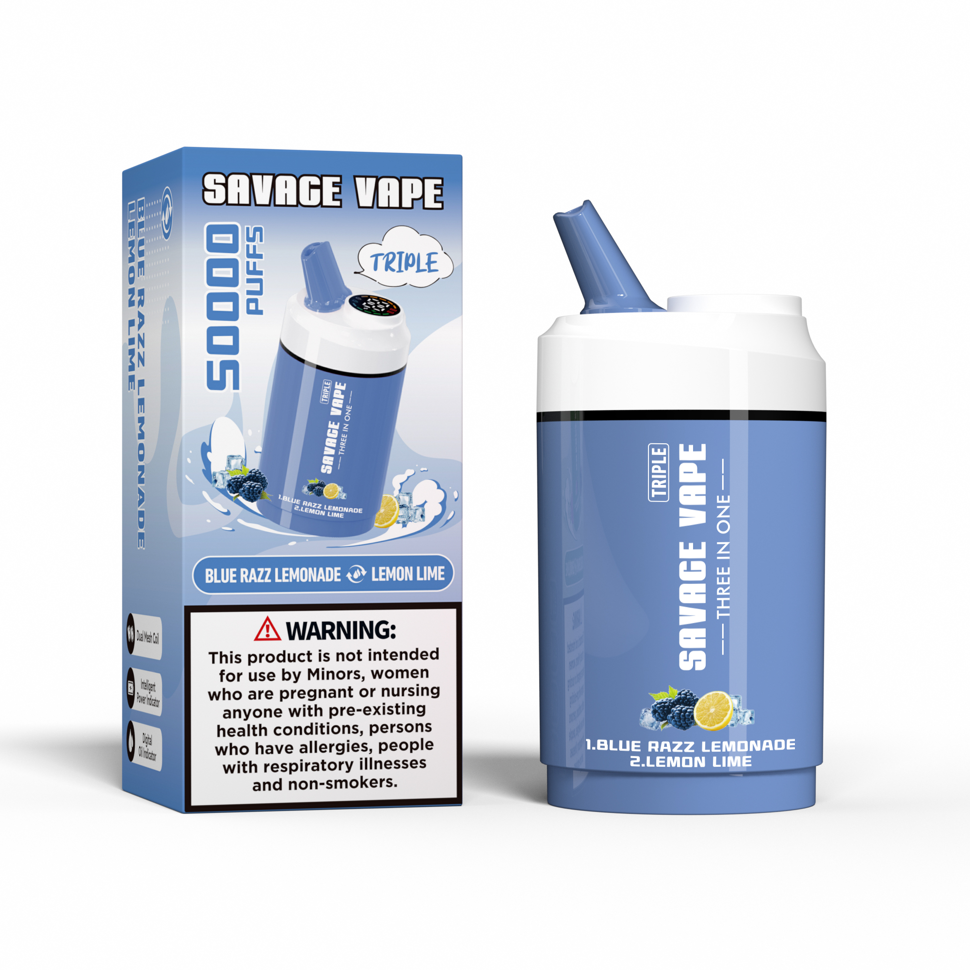 SAVAGE VAPE Triple 50000 Puffs 50K Three in One 3 in 1 Disposable Vape Double Flavor-Blue Razz Lemonade & Lemon Lime