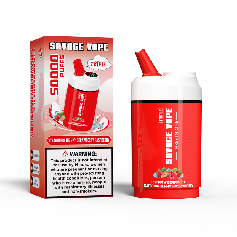 SAVAGE VAPE Triple 50000 Puffs 50K Three in One 3 in 1 Disposable Vape Double Flavor-Strawberry Ice & Strawberry Raspberry Cherry Ice