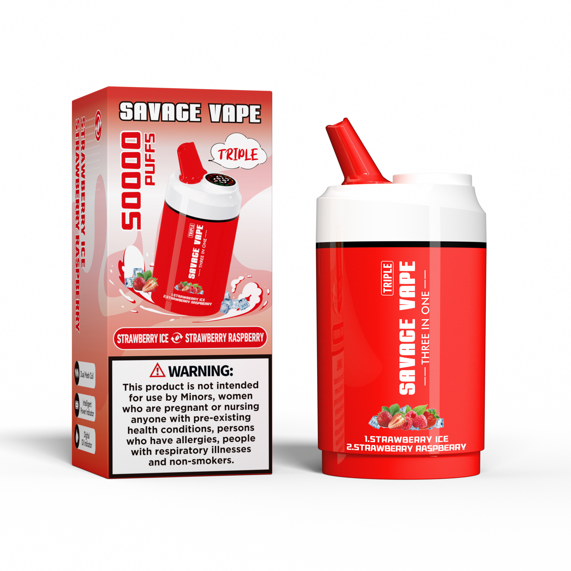 SAVAGE VAPE Triple 50000 Puffs 50K Three in One 3 in 1 Disposable Vape Double Flavor-Strawberry Ice & Strawberry Raspberry Cherry Ice