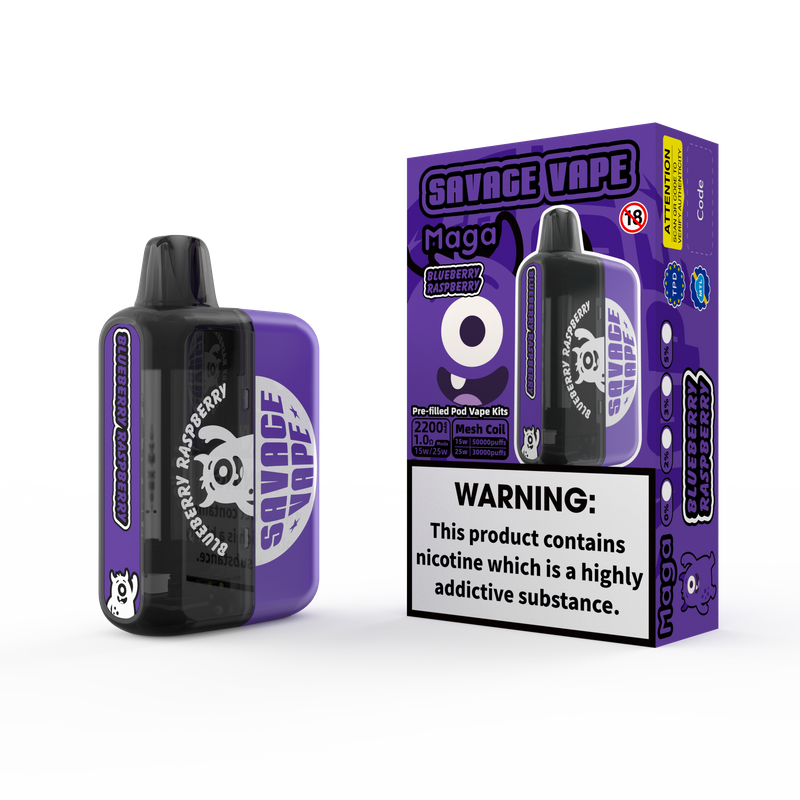 2025 New Design EU Warehouse Savage Maga 50000 Puff Prefilled Replaceable Cartridge Kits Disposable Vape 50k-Blueberry Raspberry