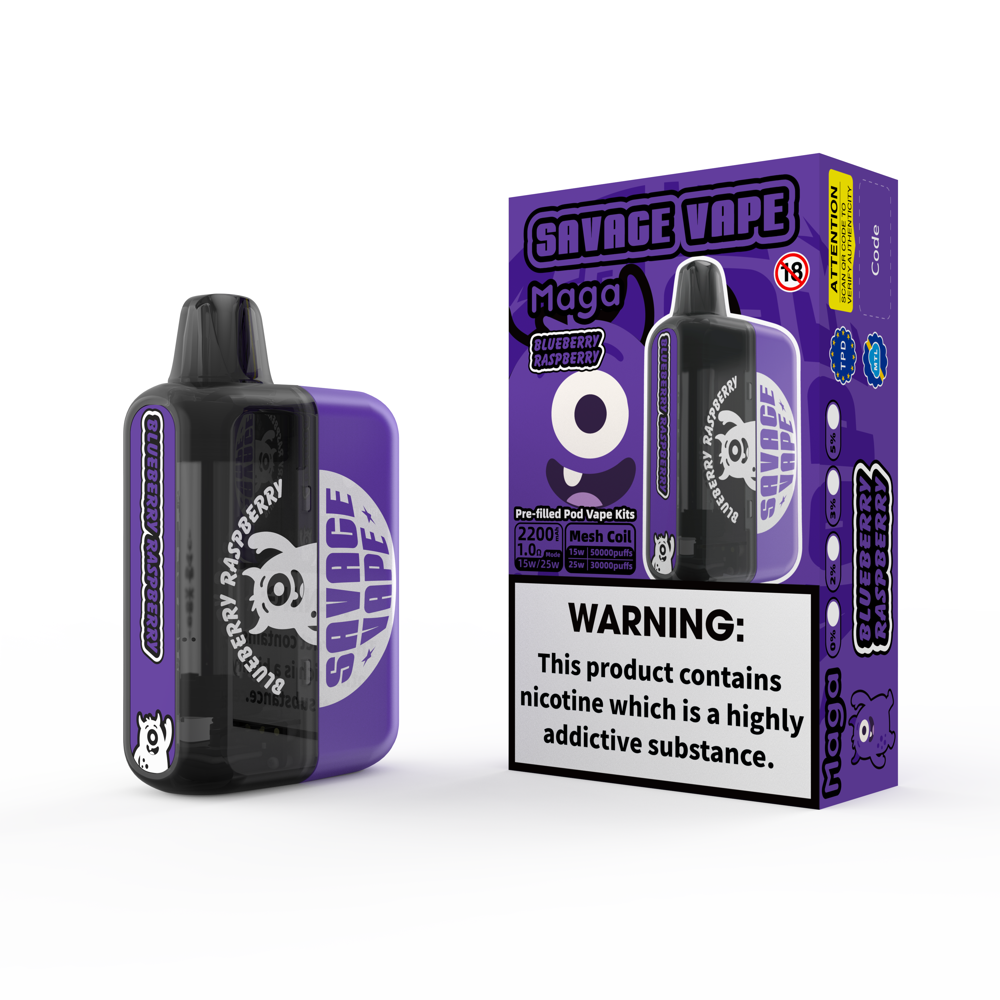 2025 New Design EU Warehouse Savage Maga 50000 Puff Prefilled Replaceable Cartridge Kits Disposable Vape 50k-Blueberry Raspberry