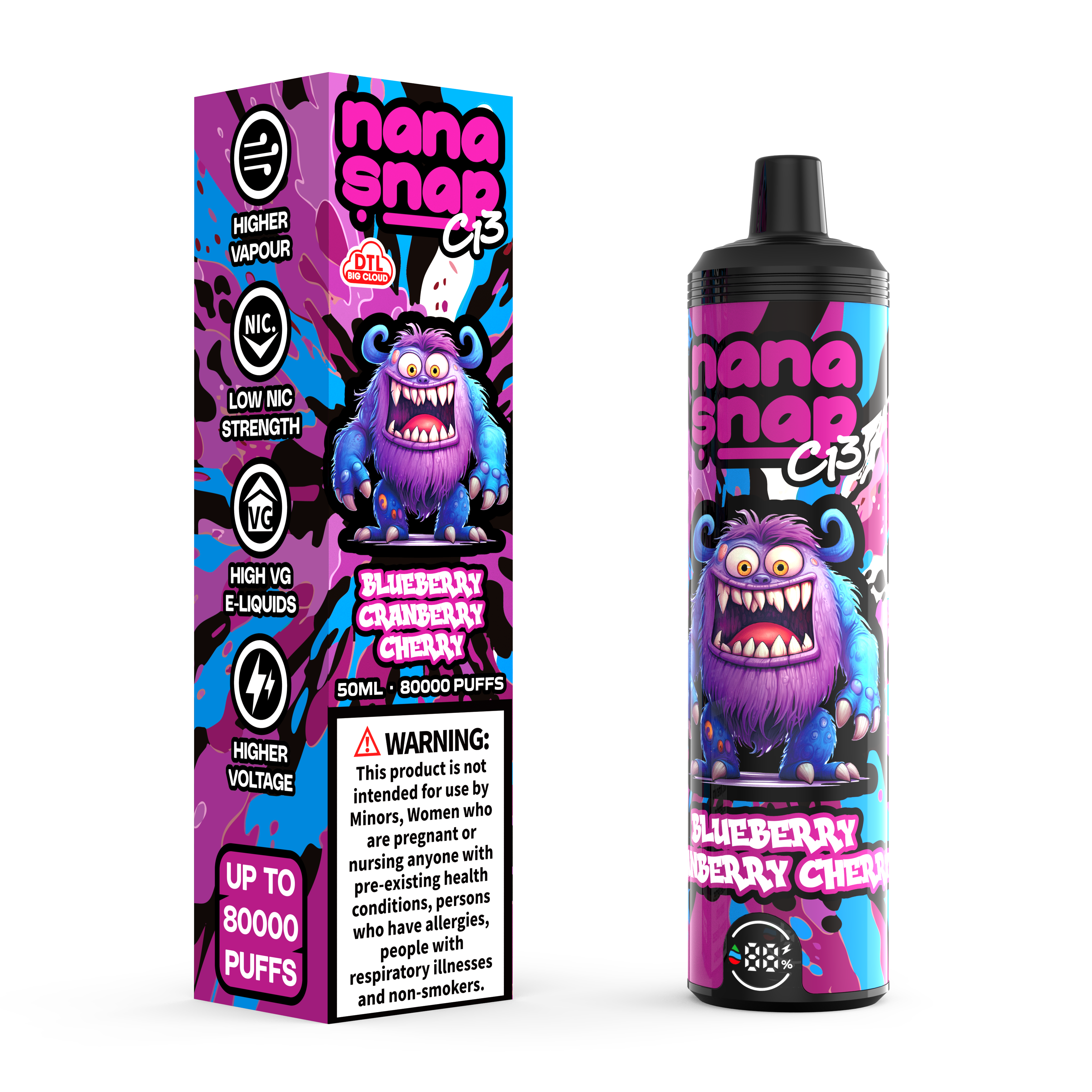 High Quality Nanasnap C13 80000 Puff 60000 50000 E Cigarette Pod Pocket Hookah Dtl Vaper 50ml E-Liquid Dual Mesh Coil EU Warehouse Disposable Vape 80K 60K 50K-Blueberry Cranberry Cherry