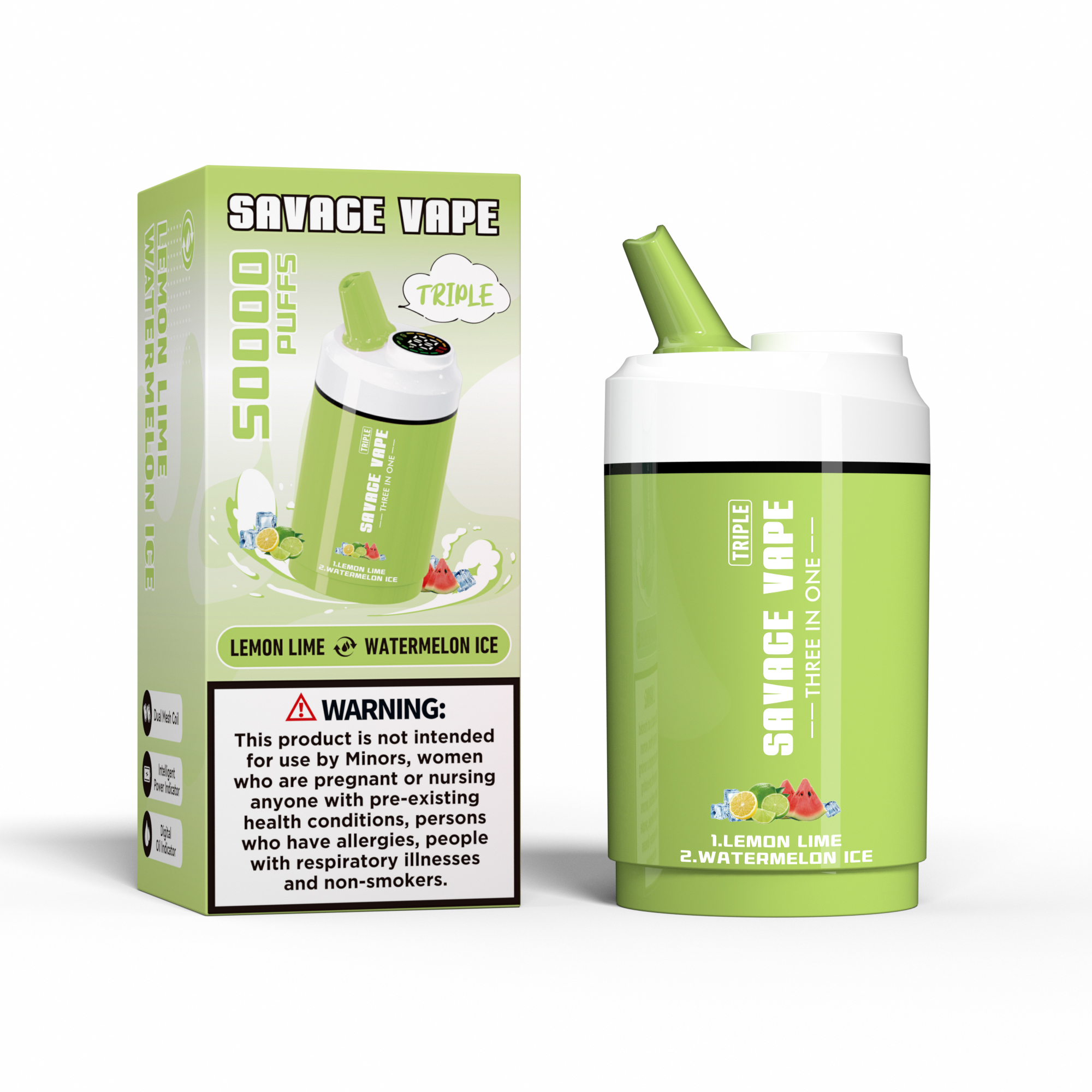 SAVAGE VAPE Triple 50000 Puffs 50K Three in One 3 in 1 Disposable Vape Double Flavor-Lemon Lime & Watermelon Ice 