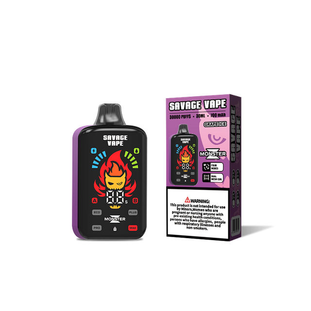 Original Savage Monster Z 30000 Puff 30k Disposable Vape E Cigarette Dual Mesh Coil 5% Nic Salt- Grape Ice
