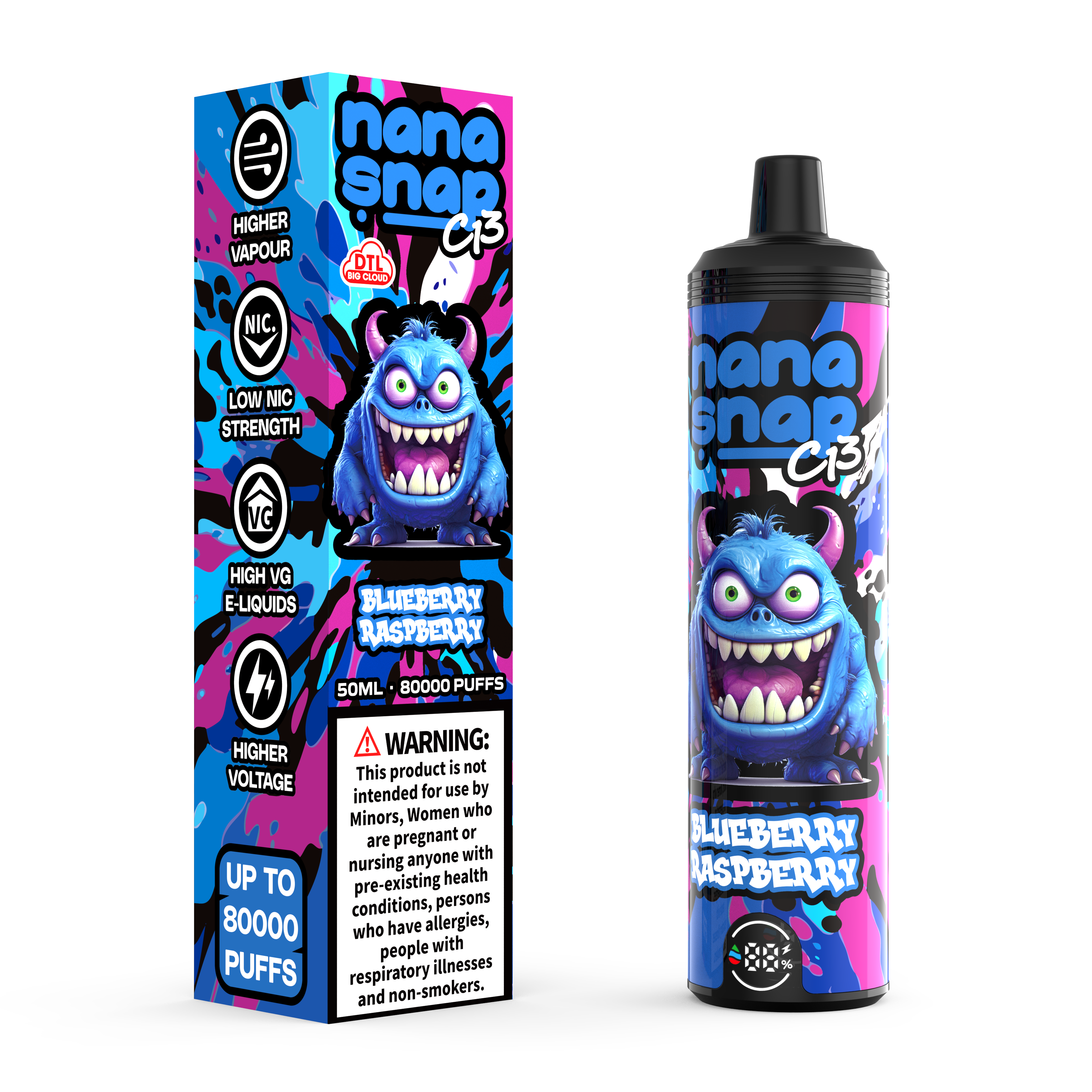 High Quality Nanasnap C13 80000 Puff 60000 50000 E Cigarette Pod Pocket Hookah Dtl Vaper 50ml E-Liquid Dual Mesh Coil EU Warehouse Disposable Vape 80K 60K 50K-Blueberry Raspberry