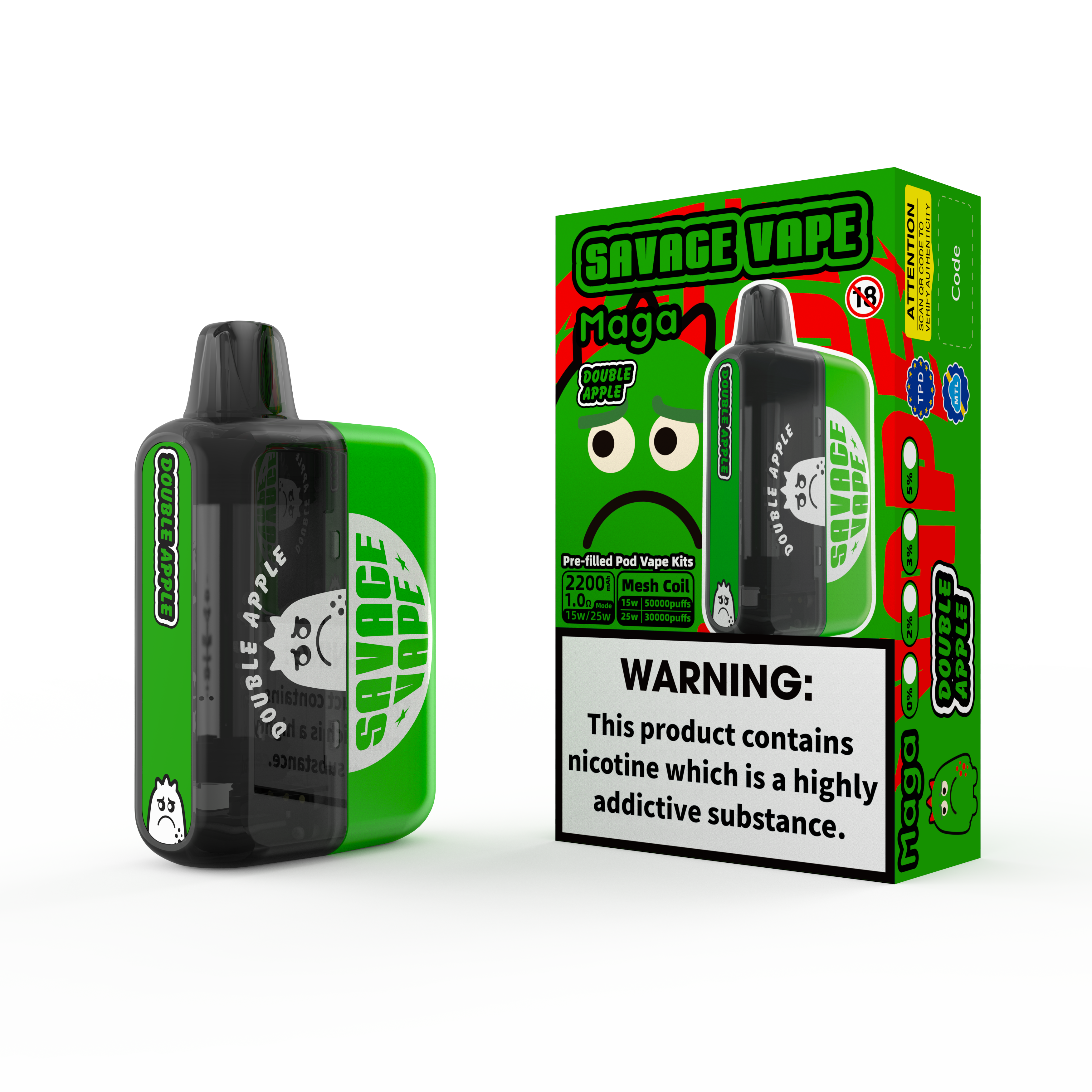 2025 New Design EU Warehouse Savage Maga 50000 Puff Prefilled Replaceable Cartridge Kits Disposable Vape 50k-Double Apple