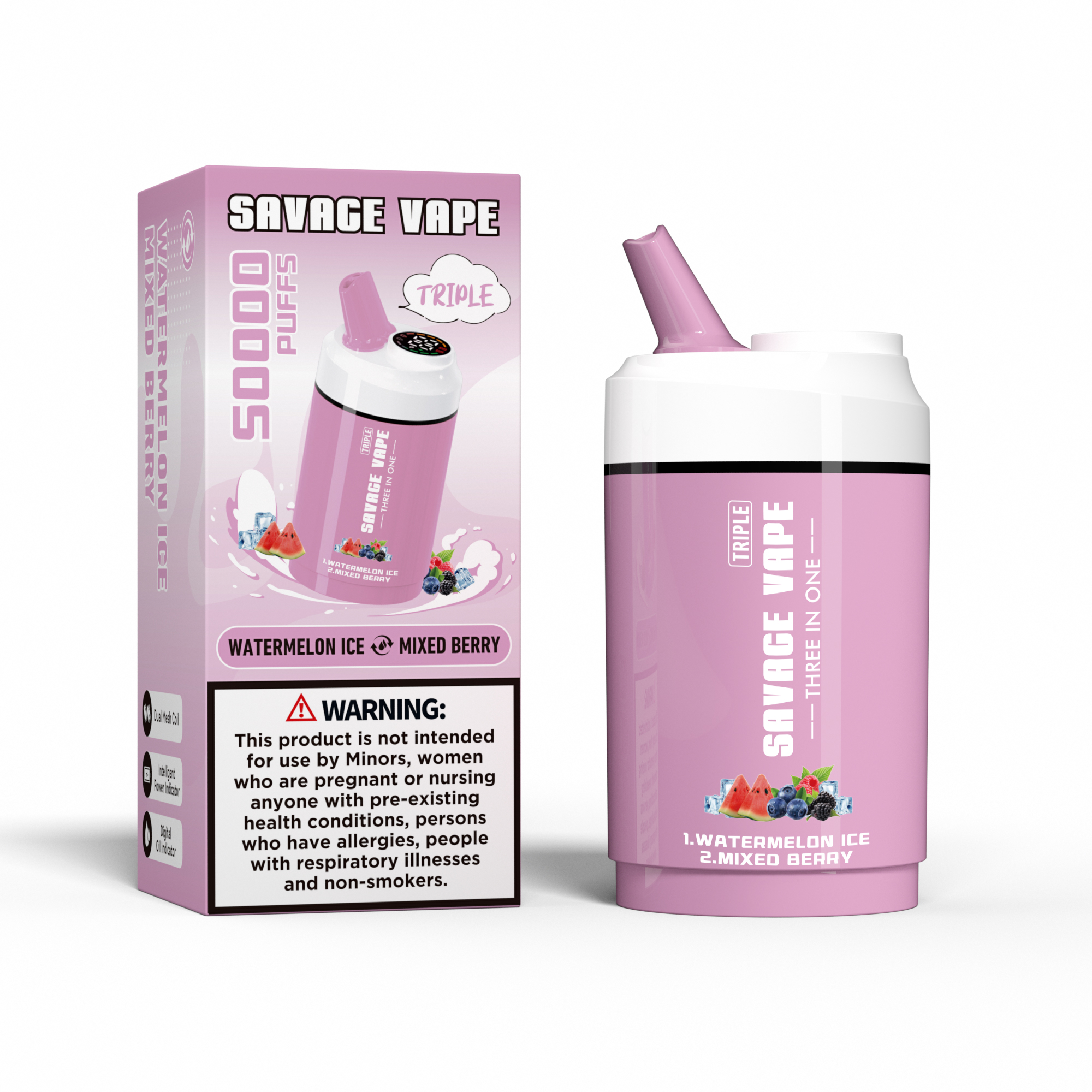 SAVAGE VAPE Triple 50000 Puffs 50K Three in One 3 in 1 Disposable Vape Double Flavor-Watermelon Ice & Mixed Berry