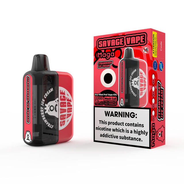 2025 New Design EU Warehouse Savage Maga 50000 Puff Prefilled Replaceable Cartridge Kits Disposable Vape 50k-Strawberry Ice Cream