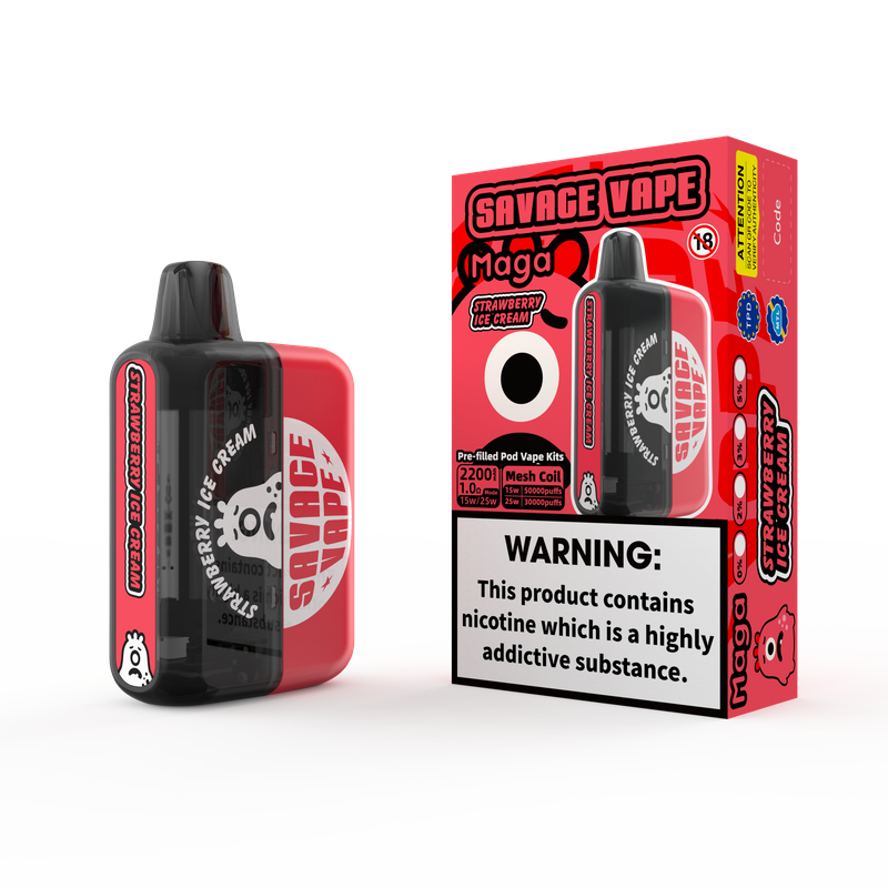 2025 New Design EU Warehouse Savage Maga 50000 Puff Prefilled Replaceable Cartridge Kits Disposable Vape 50k-Strawberry Ice Cream