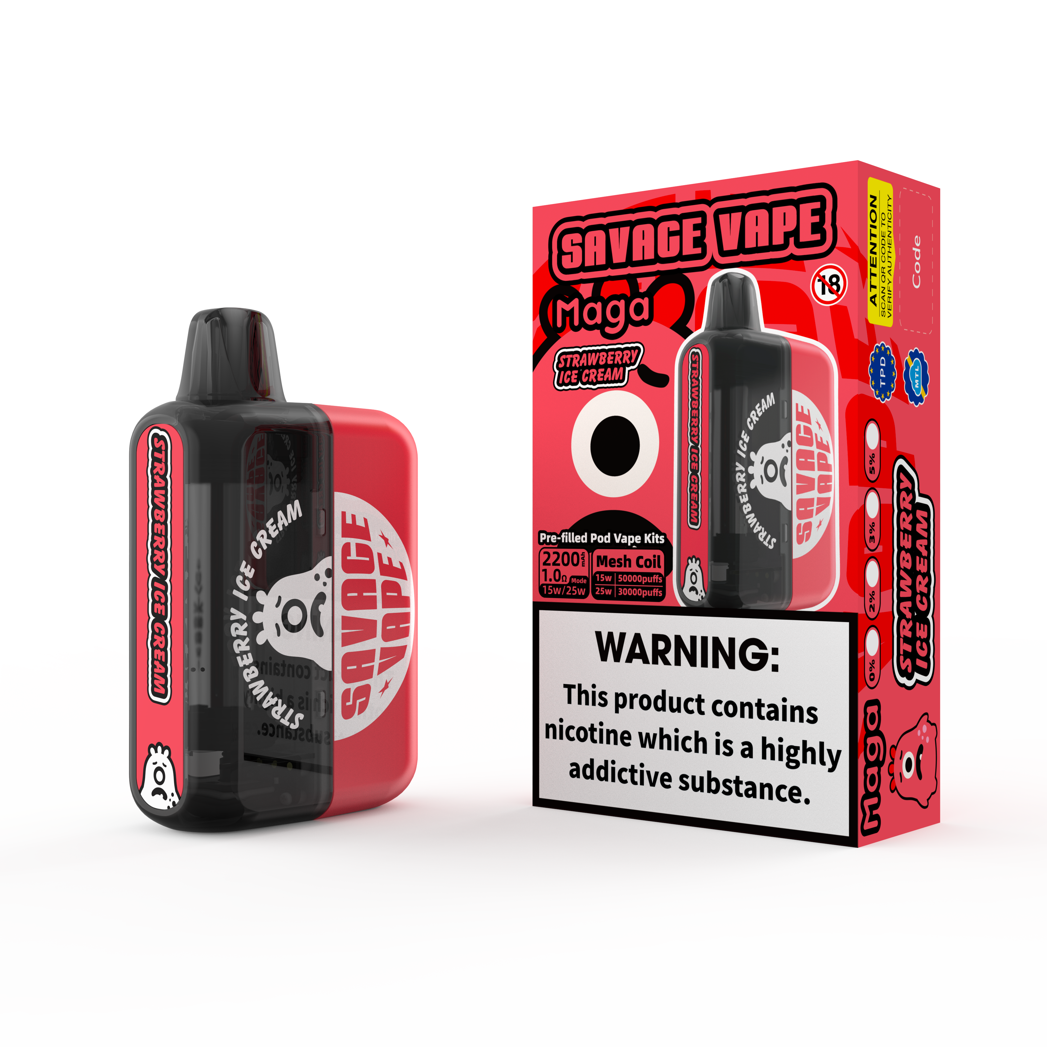 2025 New Design EU Warehouse Savage Maga 50000 Puff Prefilled Replaceable Cartridge Kits Disposable Vape 50k-Strawberry Ice Cream