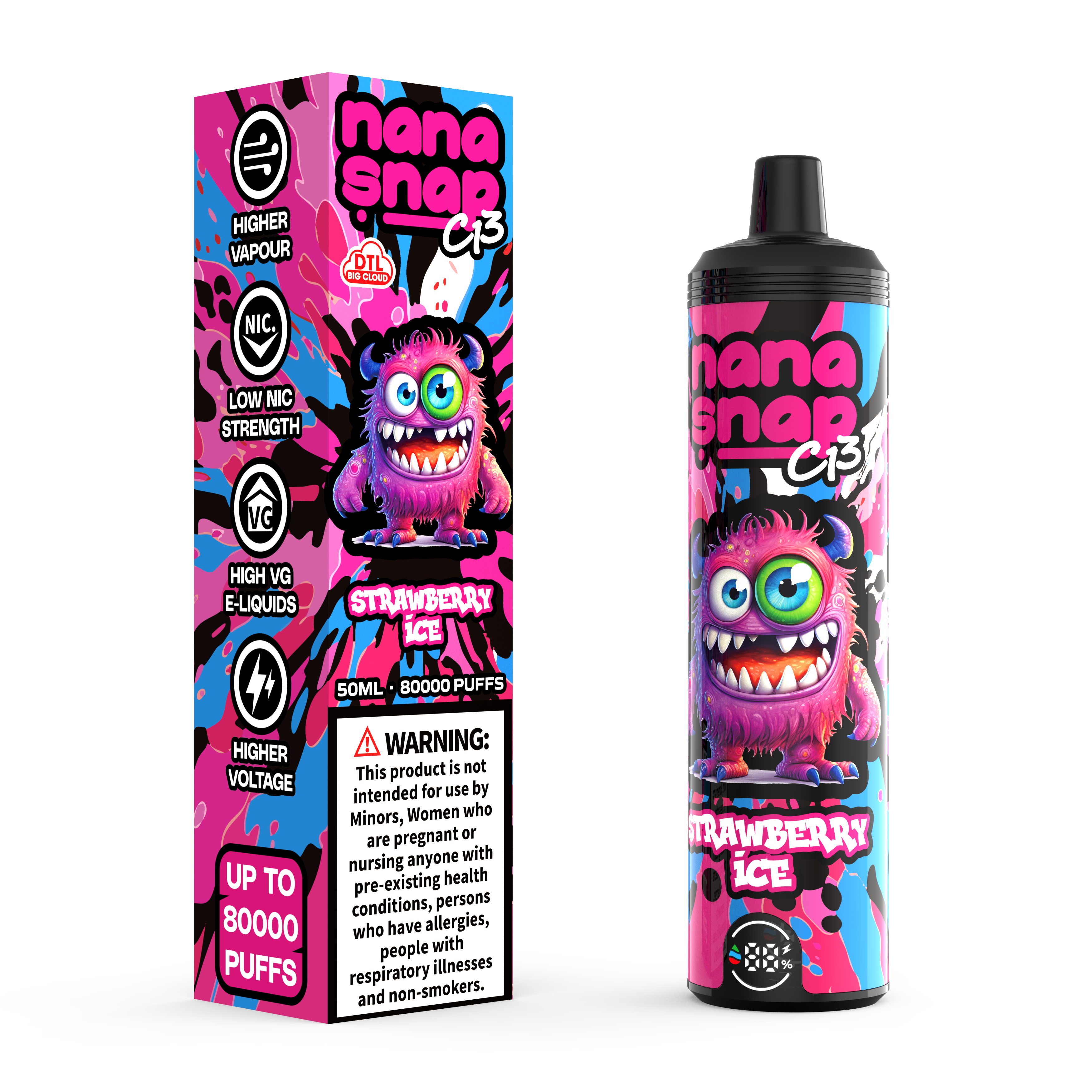 High Quality Nanasnap C13 80000 Puff 60000 50000 E Cigarette Pod Pocket Hookah Dtl Vaper 50ml E-Liquid Dual Mesh Coil EU Warehouse Disposable Vape 80K 60K 50K-Strawberry ice