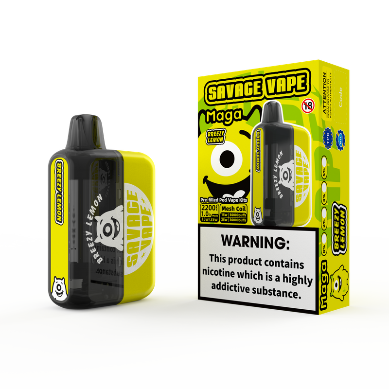 2025 New Design EU Warehouse Savage Maga 50000 Puff Prefilled Replaceable Cartridge Kits Disposable Vape 50k-Breezy Lemon