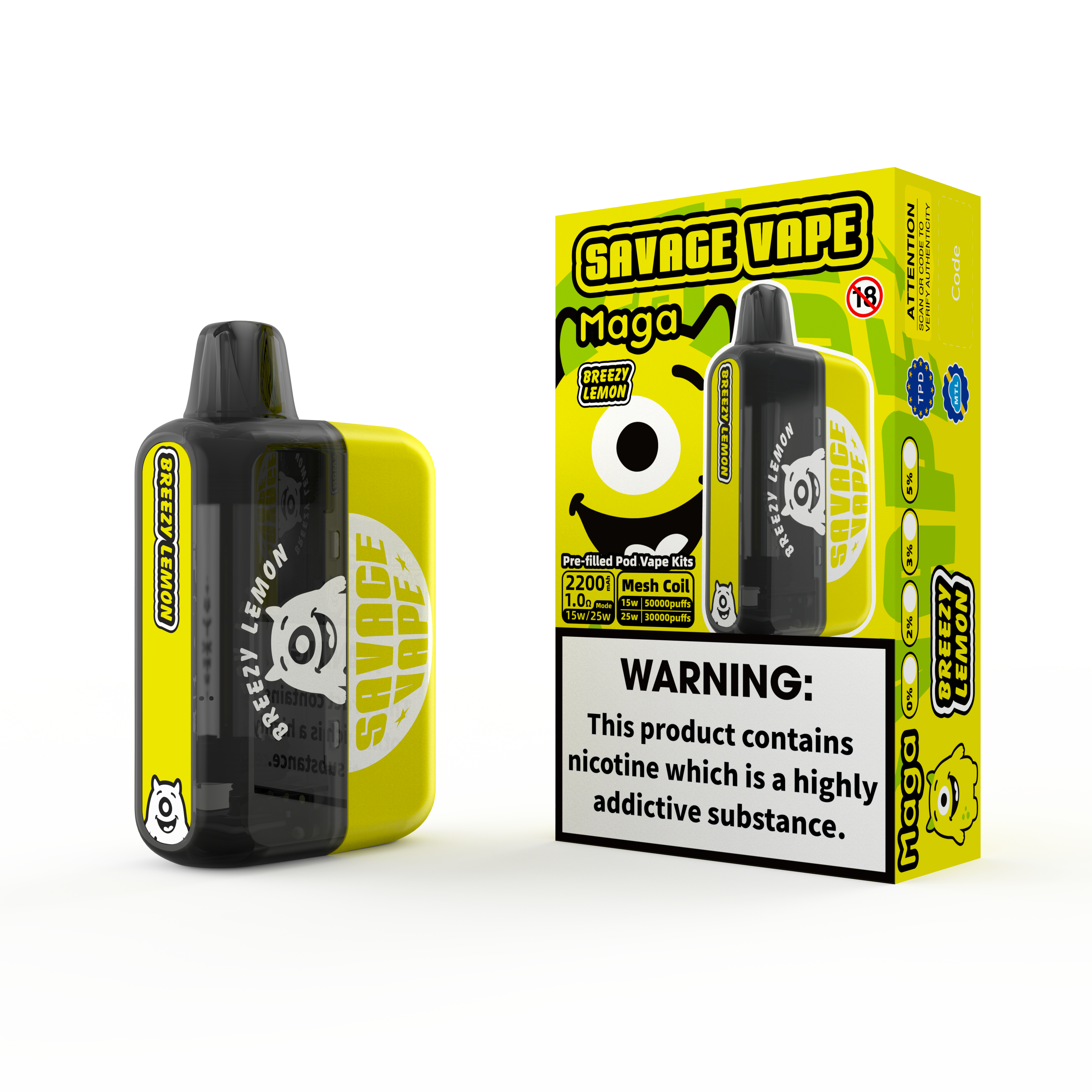 2025 New Design EU Warehouse Savage Maga 50000 Puff Prefilled Replaceable Cartridge Kits Disposable Vape 50k-Breezy Lemon