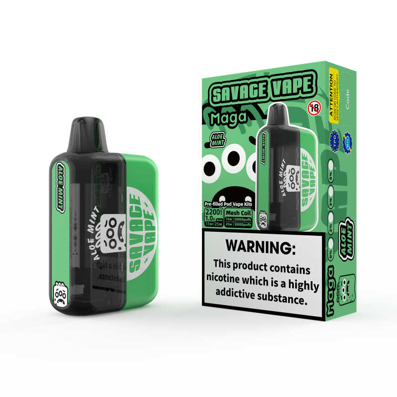 2025 New Design EU Warehouse Savage Maga 50000 Puff Prefilled Replaceable Cartridge Kits Disposable Vape 50k-Aloe Mint