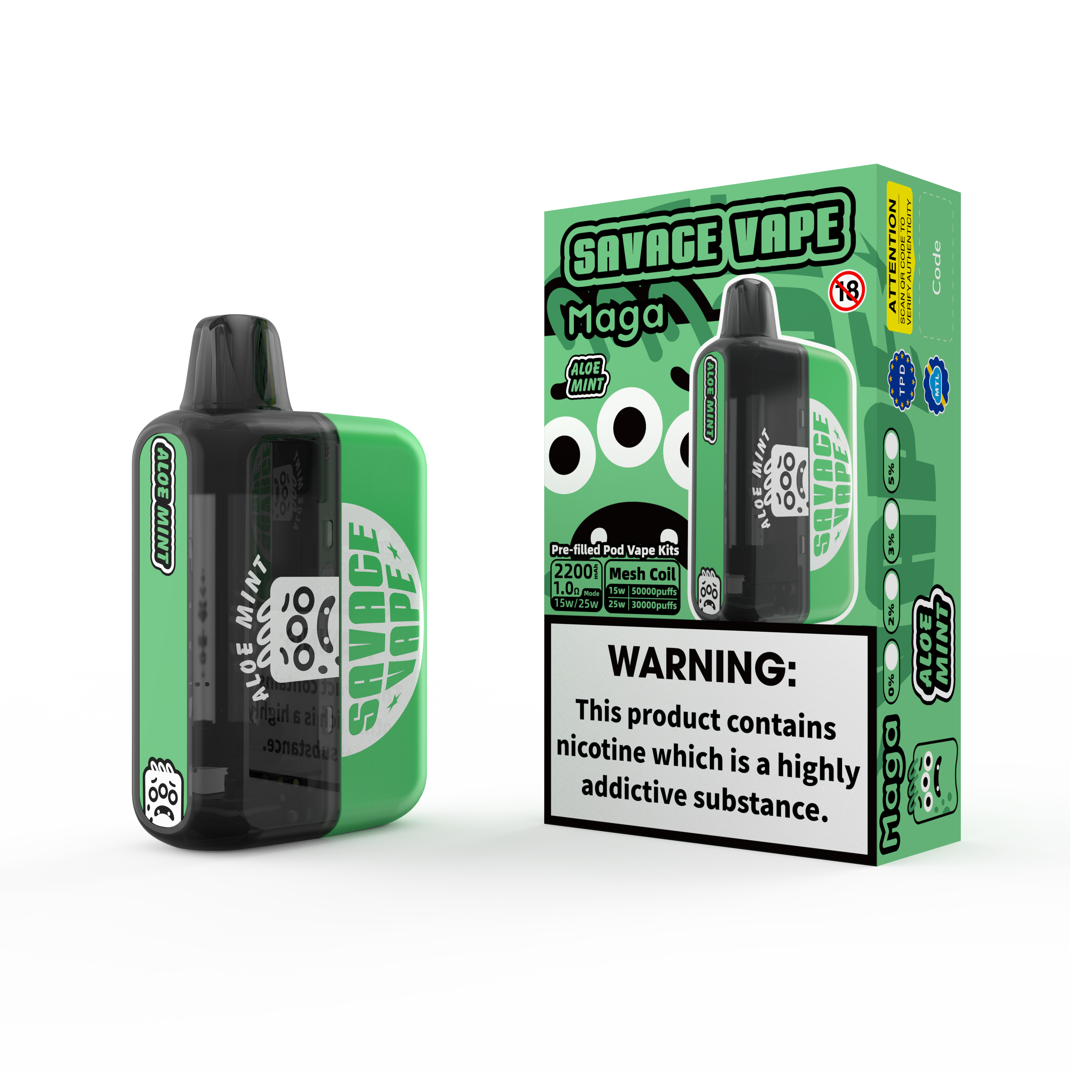 2025 New Design EU Warehouse Savage Maga 50000 Puff Prefilled Replaceable Cartridge Kits Disposable Vape 50k-Aloe Mint