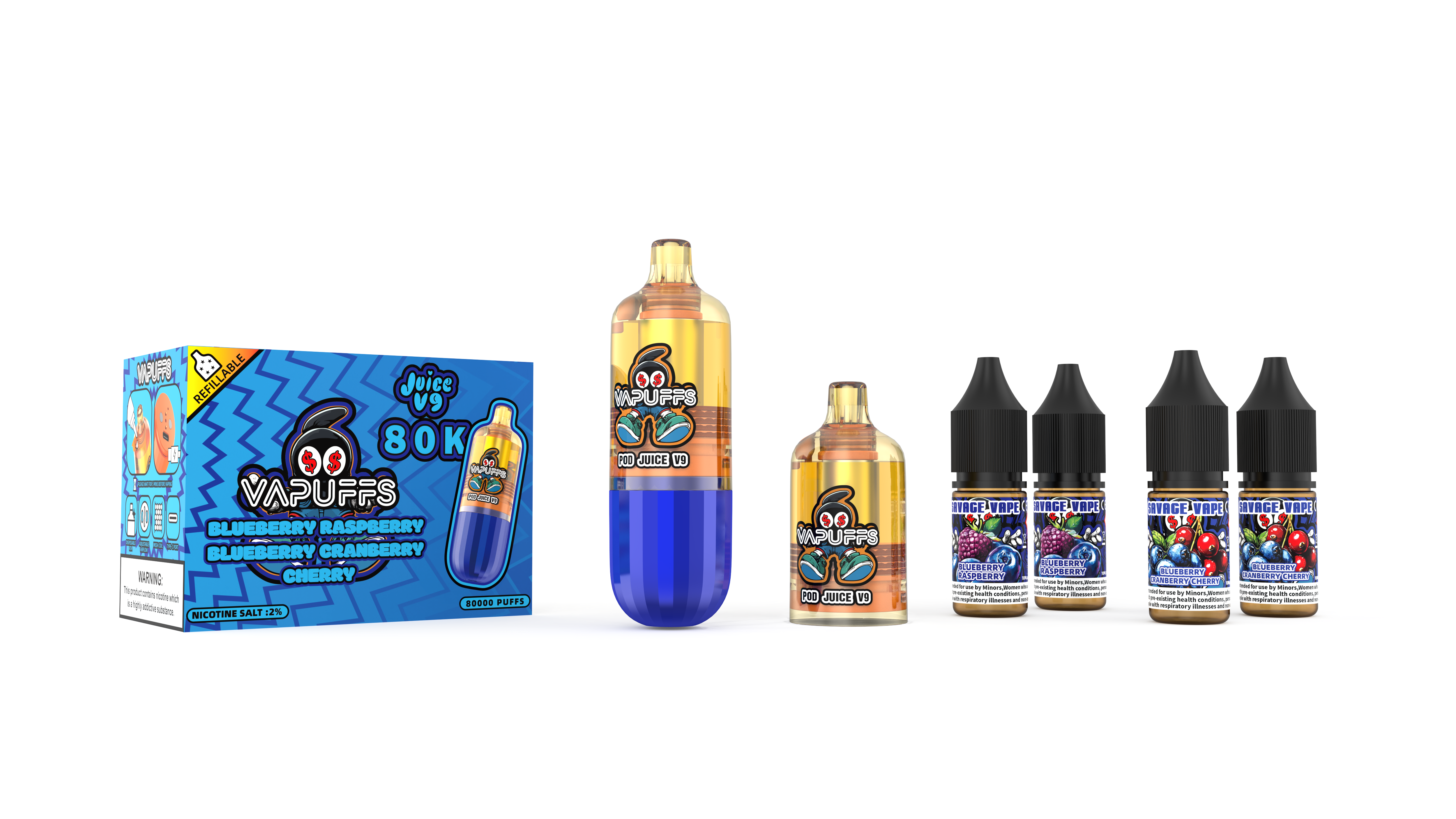 2025 New Design EU Warehouse Vapuffs Juicy V9 80k Puffs Disposable Refillables Kits Pods +4 E-liuqid High Quality Vape-Blueberry Raspberry / Blueberry Cranberry Cherry