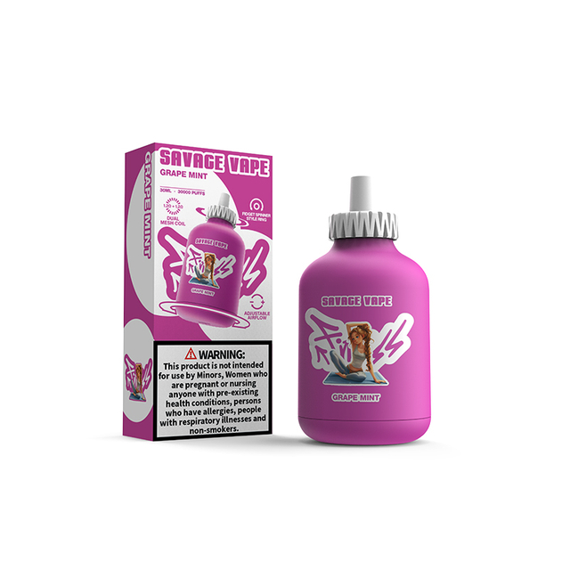 The New Design Savage Fitness 30000 Puff 30K Disposable Vape E Cigarette Adjustable Airflow 30ml 50mg Nic Salt Liquid- Grape Mint