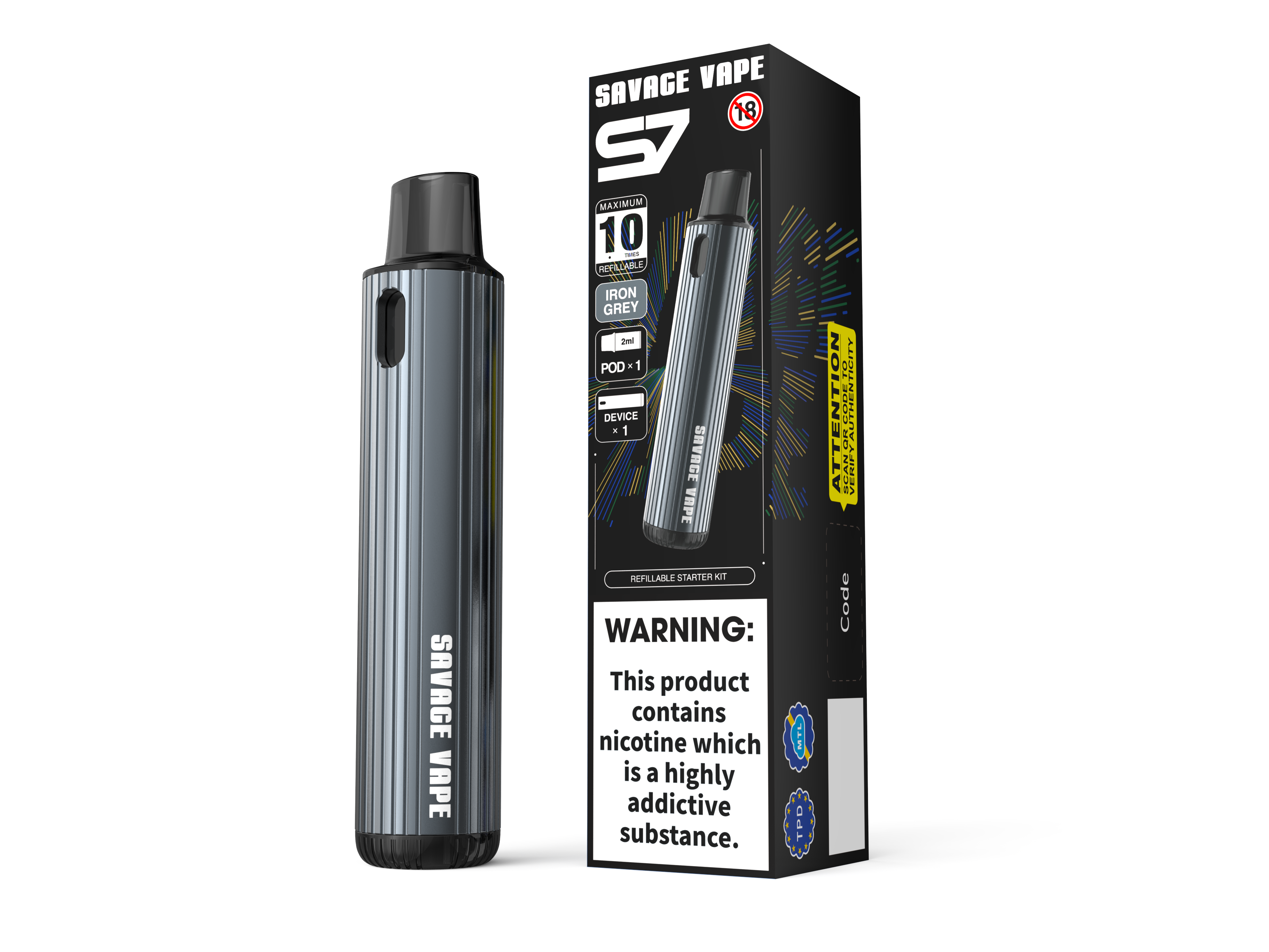 SAVAGE VAPE S7 Refillable Replaceable 2ml Pod Starter Kits Device 700mah Battery - TPD
