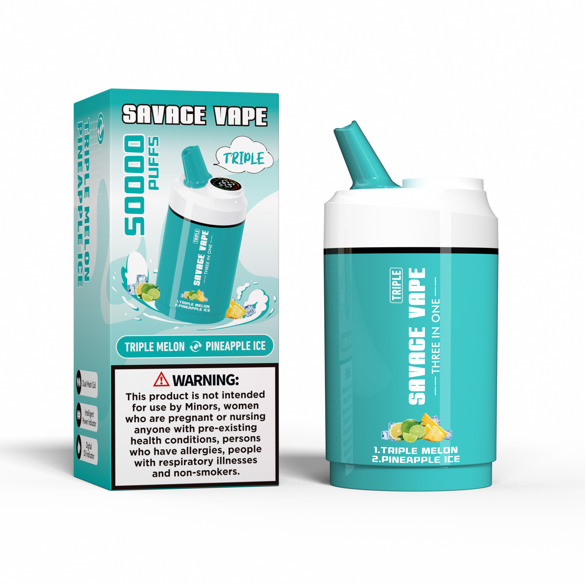 SAVAGE VAPE Triple 50000 Puffs 50K Three in One 3 in 1 Disposable Vape Double Flavor-Triple Melon &Pineapple lce