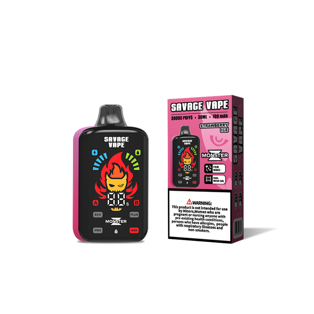 Original Savage Monster Z 30000 Puff 30k Disposable Vape E Cigarette Dual Mesh Coil 5% Nic Salt- Strawberry ice