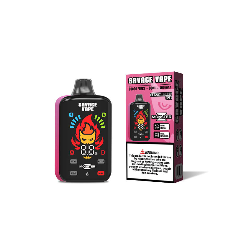 Original Savage Monster Z 30000 Puff 30k Disposable Vape E Cigarette Dual Mesh Coil 5% Nic Salt- Strawberry ice