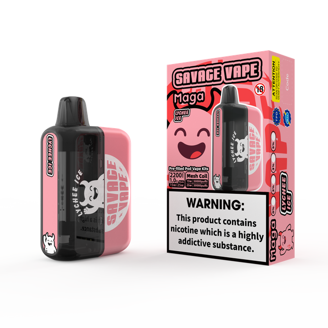 2025 New Design EU Warehouse Savage Maga 50000 Puff Prefilled Replaceable Cartridge Kits Disposable Vape 50k-Lychee Ice