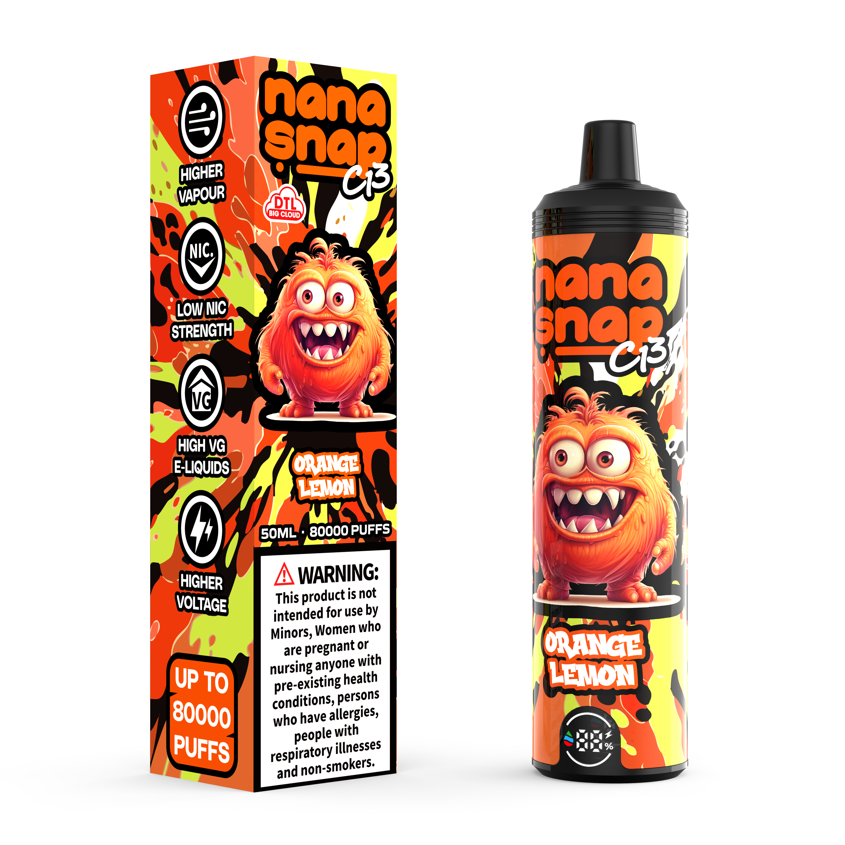 High Quality Nanasnap C13 80000 Puff 60000 50000 E Cigarette Pod Pocket Hookah Dtl Vaper 50ml E-Liquid Dual Mesh Coil EU Warehouse Disposable Vape 80K 60K 50K-Orange Lemon