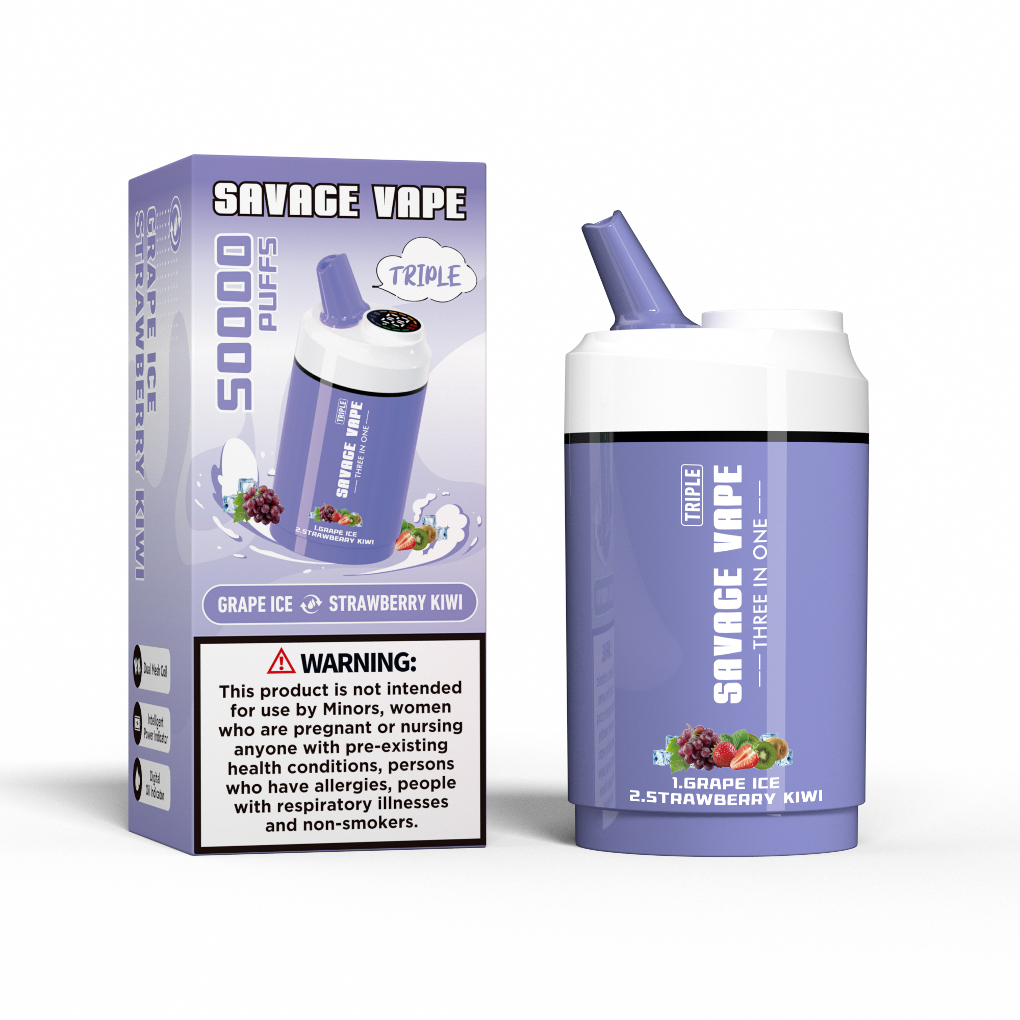 SAVAGE VAPE Triple 50000 Puffs 50K Three in One 3 in 1 Disposable Vape Double Flavor-Grape Ice & Strawberry Kiwi