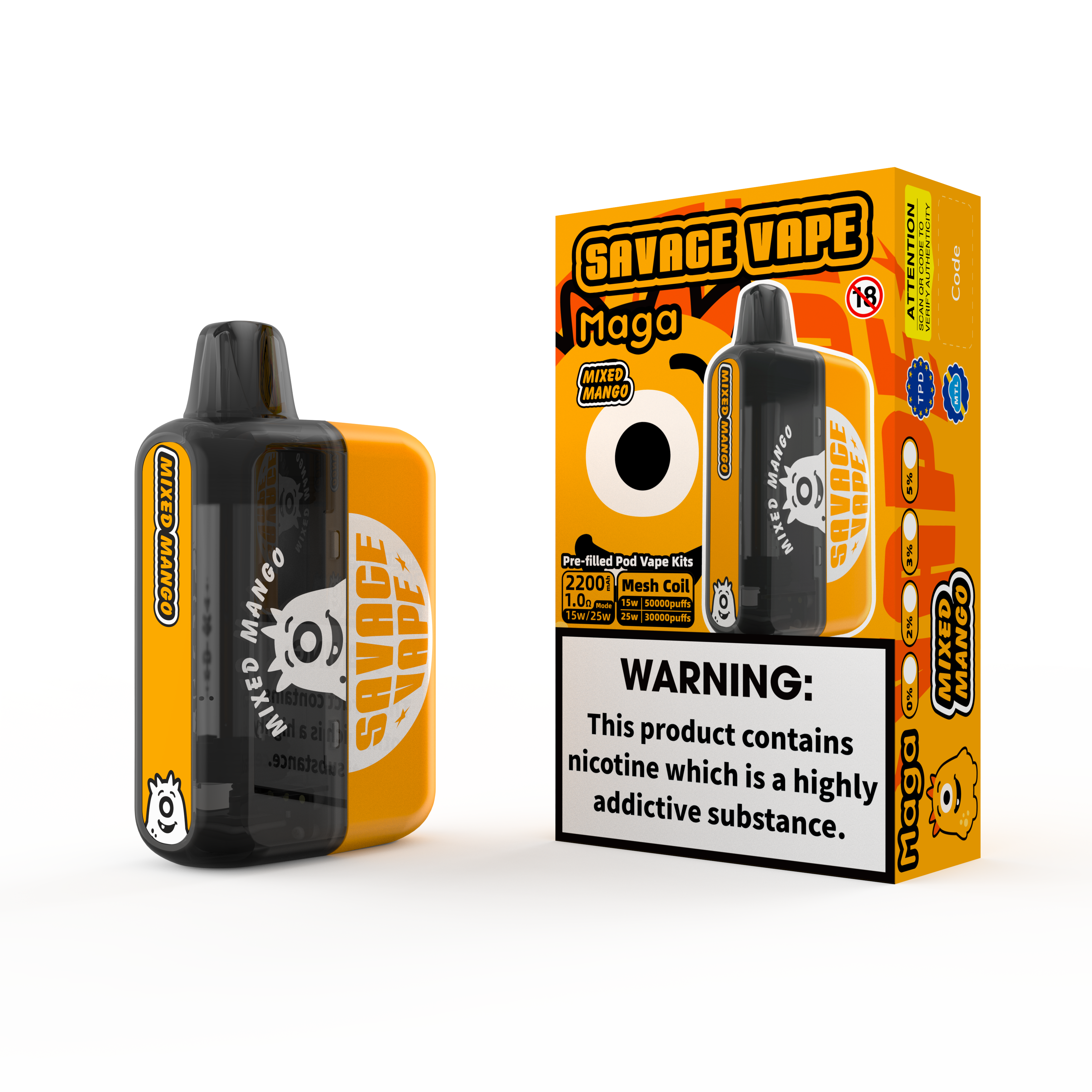 2025 New Design EU Warehouse Savage Maga 50000 Puff Prefilled Replaceable Cartridge Kits Disposable Vape 50k-Mixed Mango