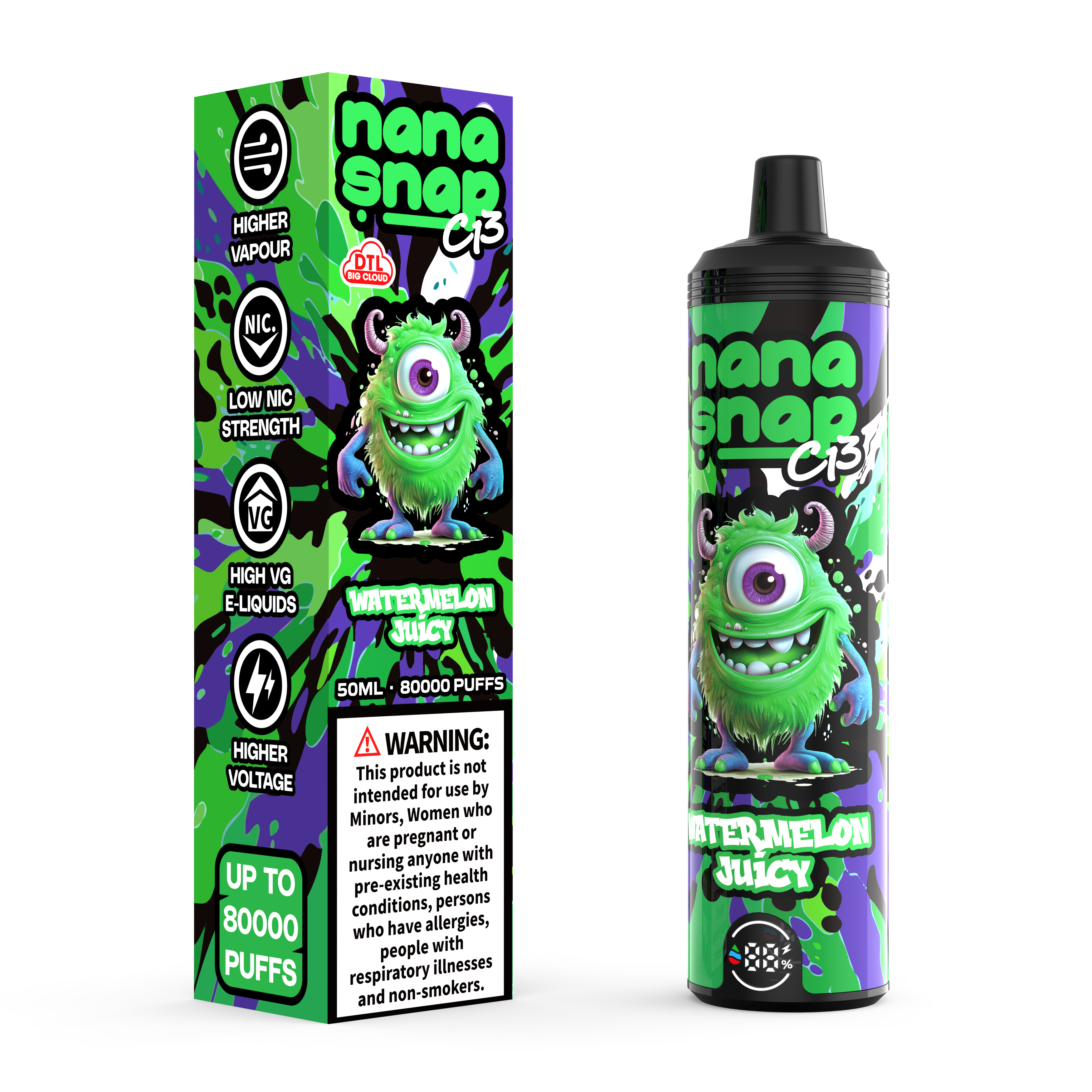 High Quality Nanasnap C13 80000 Puff 60000 50000 E Cigarette Pod Pocket Hookah Dtl Vaper 50ml E-Liquid Dual Mesh Coil EU Warehouse Disposable Vape 80K 60K 50K-Watermelon Juicy