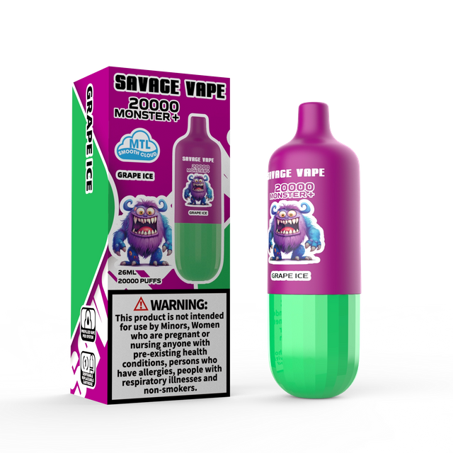 Warehouse Eu Savage Monster +20000 Puff 20k E Cigarette Prefilled Replacement Disposable Vape Pods Rechargeable Battery- Grape Ice